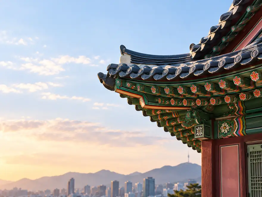 Traditional Korean architecture against the Seoul skyline